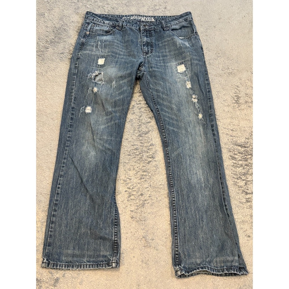 Hollywood The Jean People Jeans Mens 34x32 (35x31) Bootcut Distressed Blue Denim